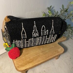 Black Beaded Skyline Clutch with Apple Charm